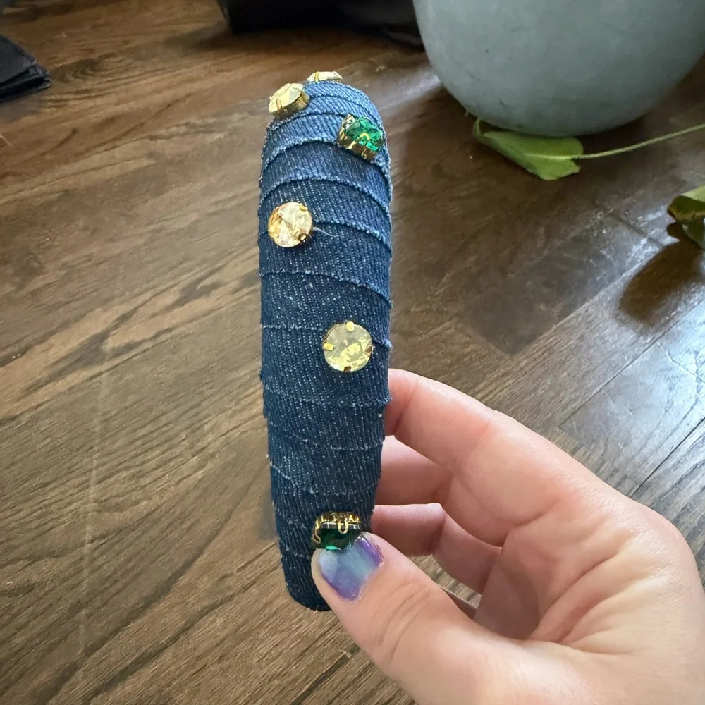 Denim Jewel Embellished Padded Headband - Blue - Picture 3 of 5